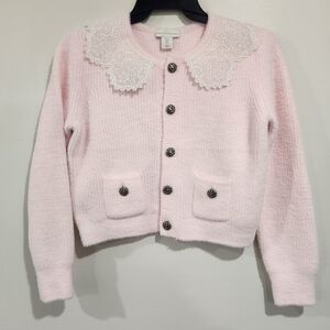 House Of Harlow 1960 Soft Pink Cardigan With Lace Collar